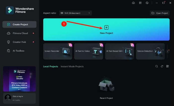 filmora create new project interface