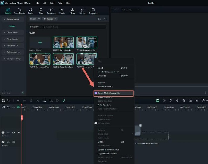 filmora create multiple camera clip sequence