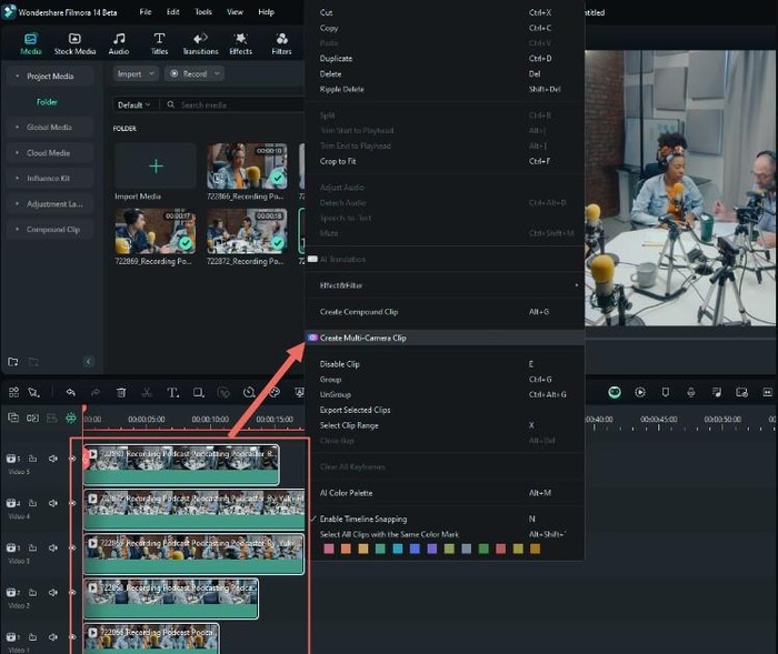 filmora create and edit multicam clip