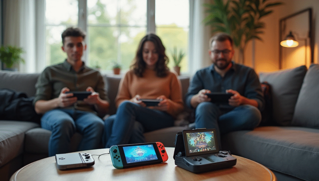 handheld gaming devices on a table and friends playing video games