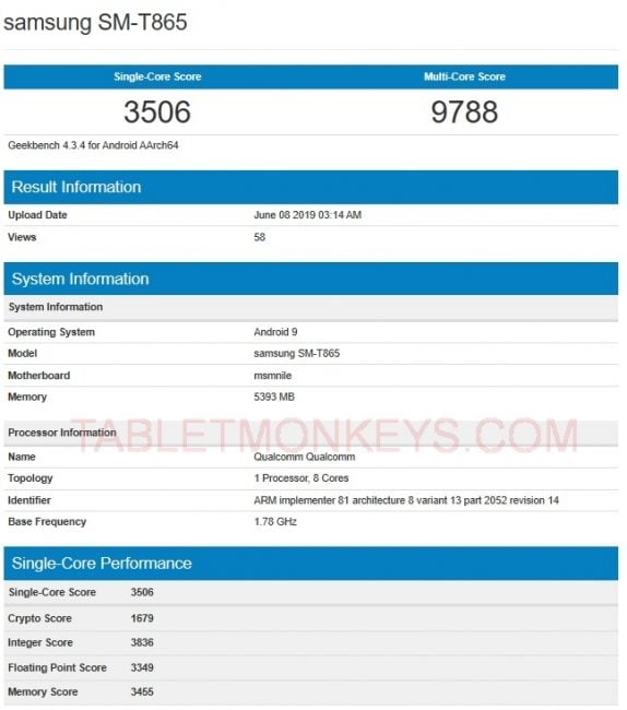 6GB RAM Samsung Galaxy Tab S5 (SM-T865) Benchmarks Score