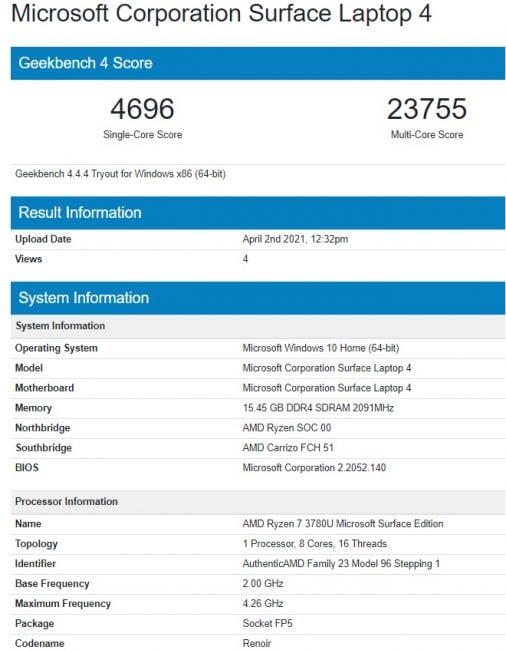 Surface Laptop 4 Benchmark Score
