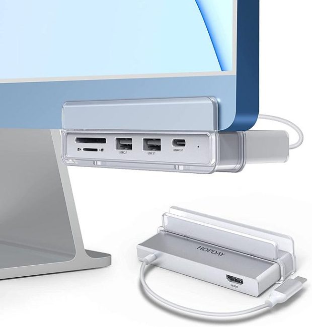 Hopday 6-In-1 USB Hub For iMac Launch With 1x USB C Port, 2x USB A 3.2 Full-Size Ports, HDMI Port, SD + microSD Card Readers.
