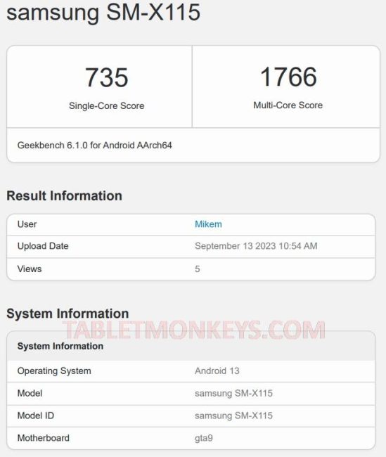 Samsung Galaxy Tab A9 - SM-X115 Benchmarks