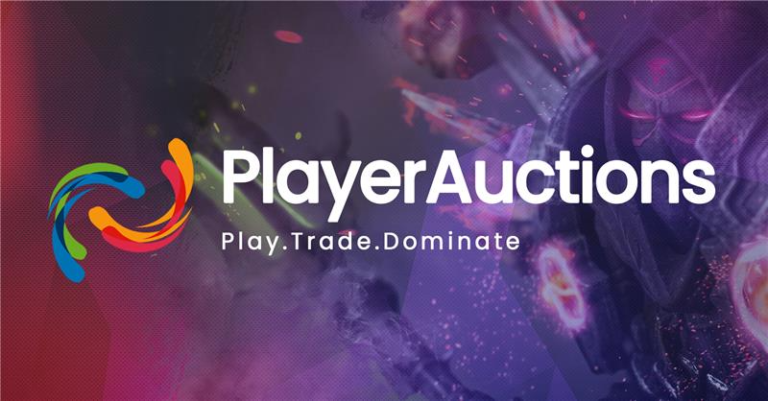 PlayerAuctions logo with the Play. Trade. Dominate. slogan over a fantasy gaming background
